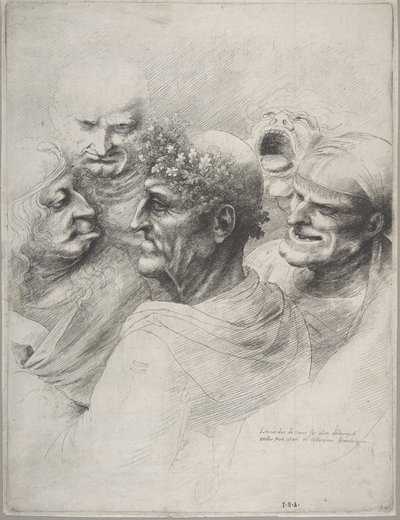 樫の葉の花輪を持った老人などのグロテスクな頭部5点、1646年。 作： Wenceslaus Hollar