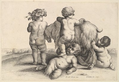 4人の男の子、若いサテュロスとヤギ、1647年。 作： Wenceslaus Hollar