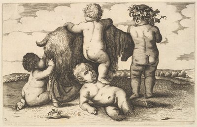 17世紀、4人の男の子、若いサテュロスと山羊のコピー。 作： Wenceslaus Hollar