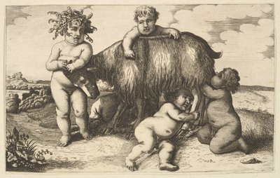 17世紀の4人の少年、若いサテュロス、そして山羊のコピー。 作： Wenceslaus Hollar