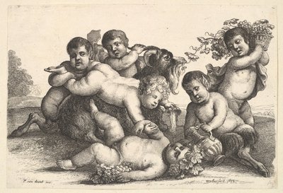 4人の男の子、2人のサテュロスと山羊、1654年。 作： Wenceslaus Hollar