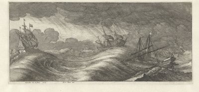 海の嵐の中のガレー船と他の船 海流（シリーズタイトル） 作： Wenceslaus Hollar