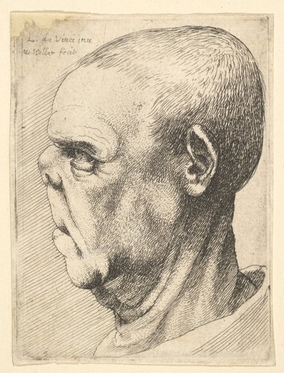 左に横向きの鼻が平らなグロテスクな老人、1625-77。 作： Wenceslaus Hollar