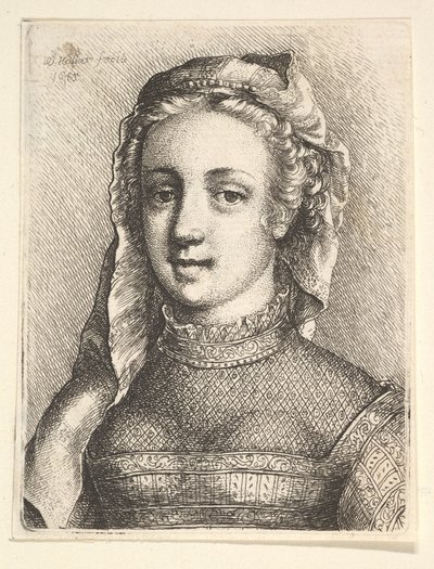 ベールと透き通ったネックウェアを持つ女性の頭と肩、1645。 作： Wenceslaus Hollar