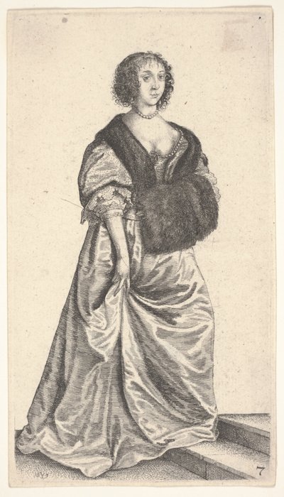 2つのステップに立っている毛皮のマフを持つ女性 作： Wenceslaus Hollar