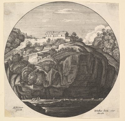 崖の上の家のある風景、1646年。 作： Wenceslaus Hollar