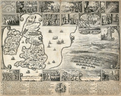 イギリス諸島の地図と 17 世紀の歴史的出来事のイラスト、c1659 作： Wenceslaus Hollar