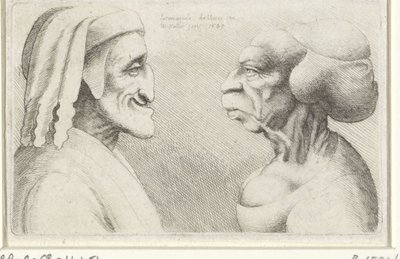 帽子をかぶった男（ダンテ？）と女のデフォルメ似顔絵 Varie figurae et probae (シリーズタイトル) レオナルド ダ ヴィンチ (シリーズ タイトル) の似顔絵、頭部、奇形 作： Wenceslaus Hollar