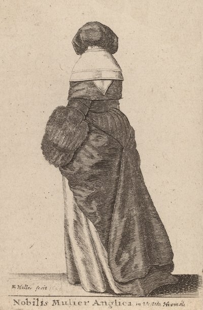 冬のドレスを着た高貴な英国の女性、1643年。 作： Wenceslaus Hollar