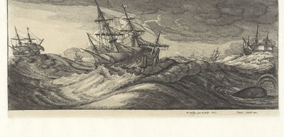 海の嵐の中の軍艦とクジラ 海の嵐（シリーズタイトル） 作： Wenceslaus Hollar