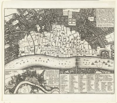 1666年の大火後のロンドンの地図 ロンドン市と郊外の地図または地上絵 (...) (オブジェクトのタイトル) 作： Wenceslaus Hollar
