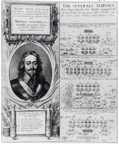 チャールズ1世の肖像、司教戦争、1639年頃の部隊の編成を示す図 作： Wenceslaus Hollar