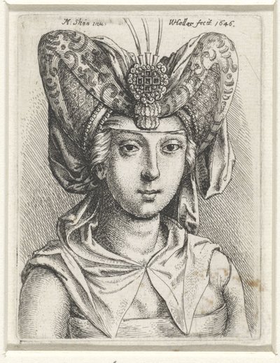 頭にV字型のブールレを乗せた女性のポートレート 作： Wenceslaus Hollar