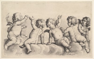 雲の上の3人の天使と2人の少年、1620〜77年。 作： Wenceslaus Hollar