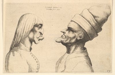 向かい合う2つの変形した頭部、1645。 作： Wenceslaus Hollar