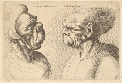 内側を向いた2つの変形した頭部、1625-77。 作： Wenceslaus Hollar