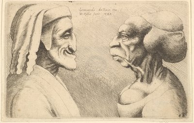 左の図の2つの変形した頭は、おそらくダンテの風刺画、1645です。 作： Wenceslaus Hollar