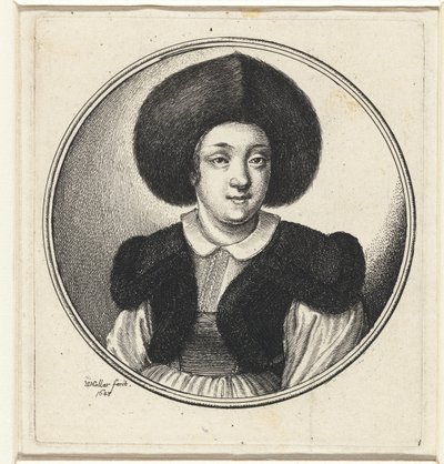 毛皮の帽子を持つ女性 丸枠の女性バスト（シリーズタイトル） 作： Wenceslaus Hollar