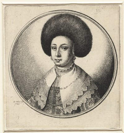 レースの襟、イヤリング、毛皮の帽子をかぶった女性 丸枠の女性バスト（シリーズタイトル） 作： Wenceslaus Hollar