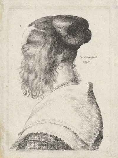 斜め後ろから見た髪をまとめた女性 作： Wenceslaus Hollar