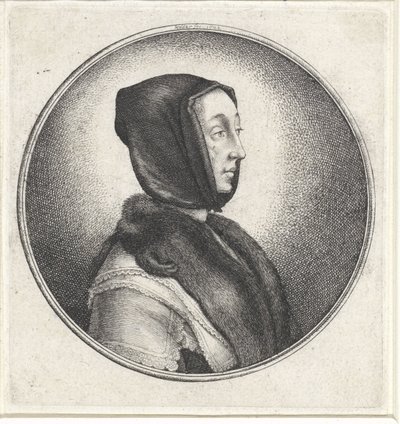 黒いスカーフと毛皮のストールを持つ女性 女性胸像のメダリオン（シリーズタイトル） 作： Wenceslaus Hollar