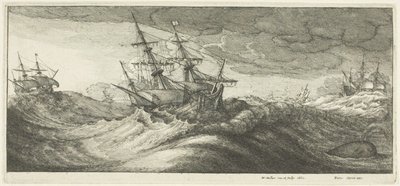 軍艦と潮吹きクジラ 作： Wenceslaus Hollar