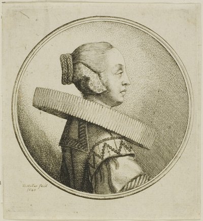 右に横顔の円形レース ラフの女性 作： Wenceslaus Hollar