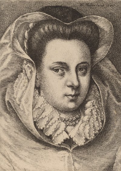 白いベールと黒い帽子の女性 メアリー・スチュアート、1645年。 作： Wenceslaus Hollar