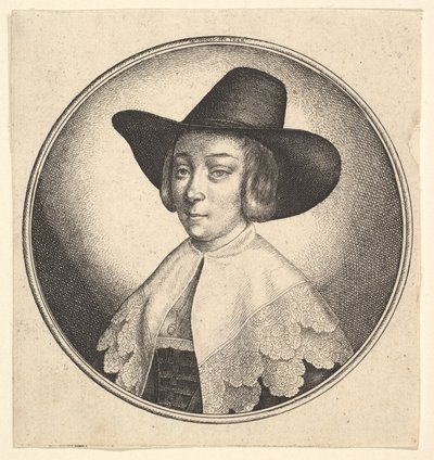 広いつばの帽子をかぶった女性、1642年。 作： Wenceslaus Hollar