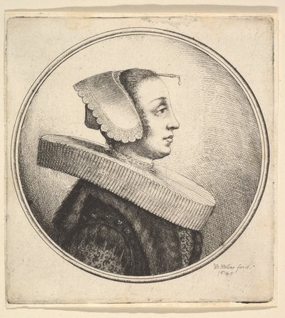 円形のラフ、ボンネット、ヘアピンを持つ女性。プロフィールは右、1645。 作： Wenceslaus Hollar