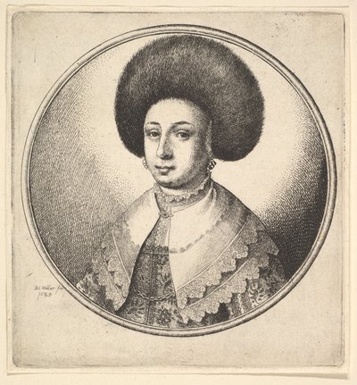 大きな円形の毛皮の帽子とイヤリングを持つ女性、1645年。 作： Wenceslaus Hollar