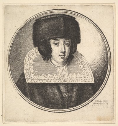 堅いレースの襟と平らなクラウンの毛皮の帽子を持つ女性、1645。 作： Wenceslaus Hollar