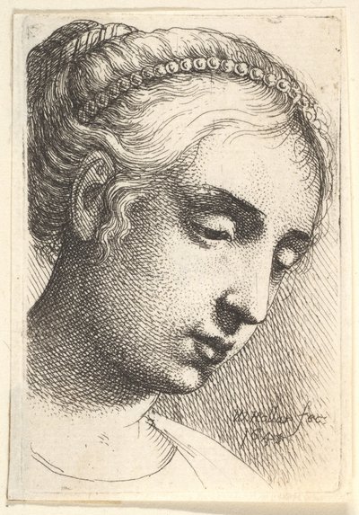 真珠のひもを右下向きに見た髪の女性、1645 作： Wenceslaus Hollar
