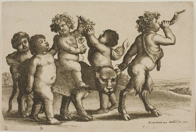ホルンを吹くサテュロスに率いられたヒョウに乗る若いバッカス 作： Wenceslaus Hollar