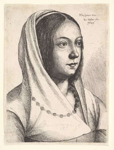 ボンシニョーリ、1645年後、頭にスカーフを付けた若い女性。 作： Wenceslaus Hollar