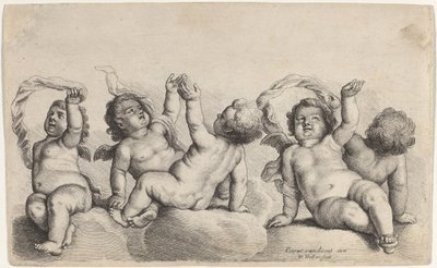 3 人のケルビムと 2 人の男の子がそれぞれ雲の上で片腕を上げている 作： Wenceslaus Hollar, after Peeter van Avont