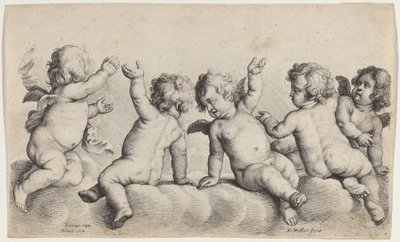 雲の上の 3 人の天使と 2 人の少年 作： Wenceslaus Hollar, after Peeter van Avont