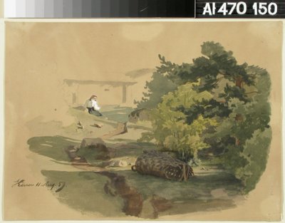 Landschaft mit Schindelkorb und sitzender Frau 作： ヴェルナー・ホルムバーグ