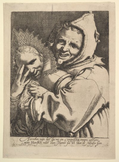 彼女の指を通して見ている女の子とばか。 作： Werner Jacobsz. van den Valckert