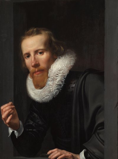 バルトロメウス・ヤンス・ファン・アッセンデルフトと思われる金細工師の肖像 指輪と試金石を持った男の肖像、おそらくバルトロメウス ヤンス ファン アッセンデルフト (1585-1658) 作： Werner van den Valckert (signed by artist)