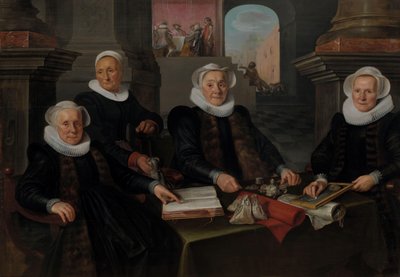 3 人の摂政とアムステルダム ライパーズ アサイラムの「ハウス マザー」 3 人の摂政とアムステルダムの Leper-House の女主人 作： Werner van den Valckert
