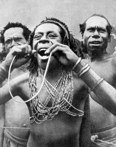 儀式で杖を飲み込む様子、ニューギニア、1936 年。 作： Wide World Photos