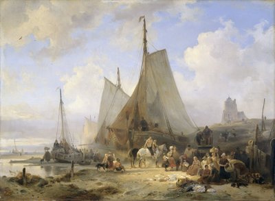 漁師と女性が漁獲物を選別する浜辺の漁船 作： Wijnand Nuijen