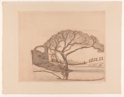 家、池のそばの木、頭に水差しを乗せた女性 カイロ付近（原題） 作： Wijnand Otto Jan Nieuwenkamp (signed by artist)
