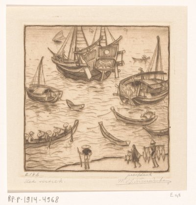 ロンボク島の東海岸の湾に船 出発、ロンボク (原題) 作： Wijnand Otto Jan Nieuwenkamp (signed by artist)