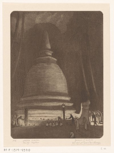 夜のスリランカのキャンディのストゥーパ きよしこの夜、キャンディー、セイロン（原題） 作： Wijnand Otto Jan Nieuwenkamp (signed by artist)