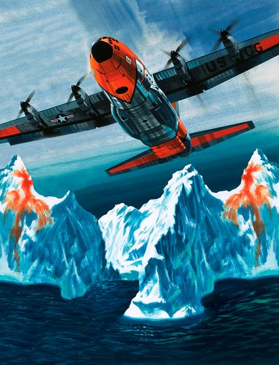 沿岸警備隊のために氷山をパトロールするロッキード・ハーキュリーズ 作： ウィルフ (20 世紀) ハーディ