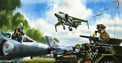 見て--滑走路がない。航空機の最新開発ハリアー・ジャンプジェット 作： ウィルフ (20 世紀) ハーディ
