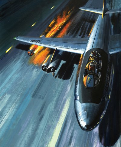 燃え盛る爆撃機の中の悪夢（『Men and Machines』より 作： ウィルフ (20 世紀) ハーディ