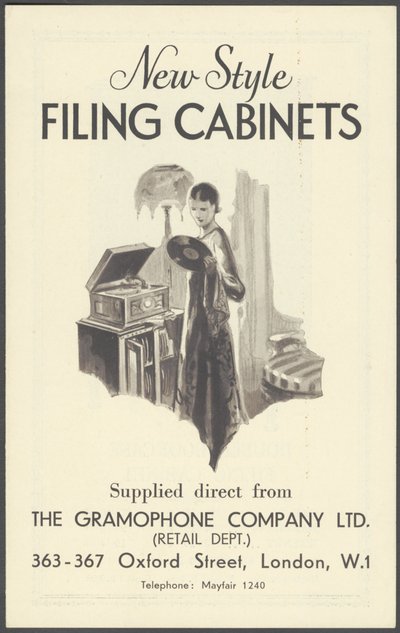 グラモフォン社のファイリング キャビネット、1920 年代 作： Wilfred Fryer, Curtis Advertising Agency